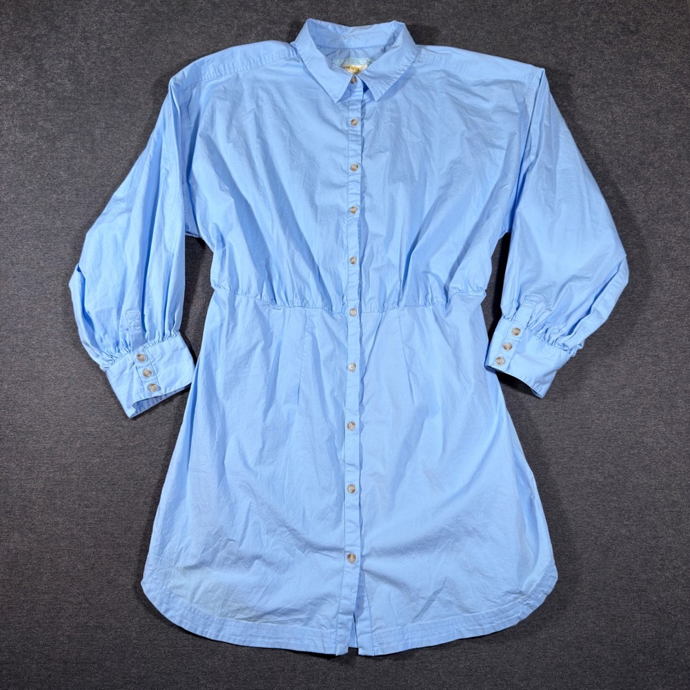 Maeve Anthropologie Shirt Dress Women 1X Blue Button Front Elastic Waist Cotton